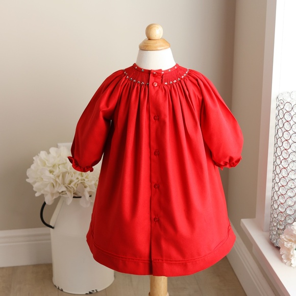 Red Smocked Bishop Dress Long Sleeve Hand-Embroidery Luli & Me Boutique LIKE NEW - Picture 4 of 5
